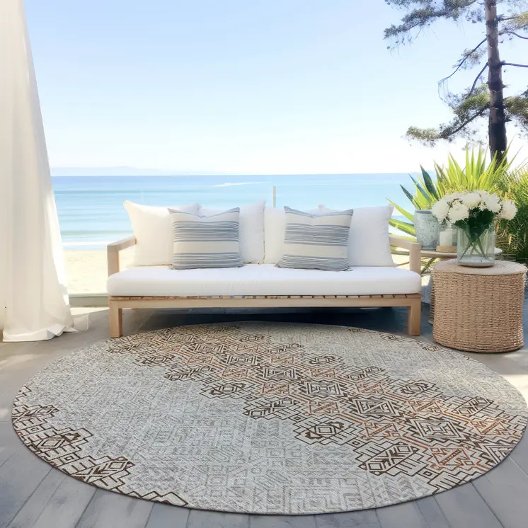 8' Brown And Beige Round Tribal Washable Indoor Outdoor Area Rug