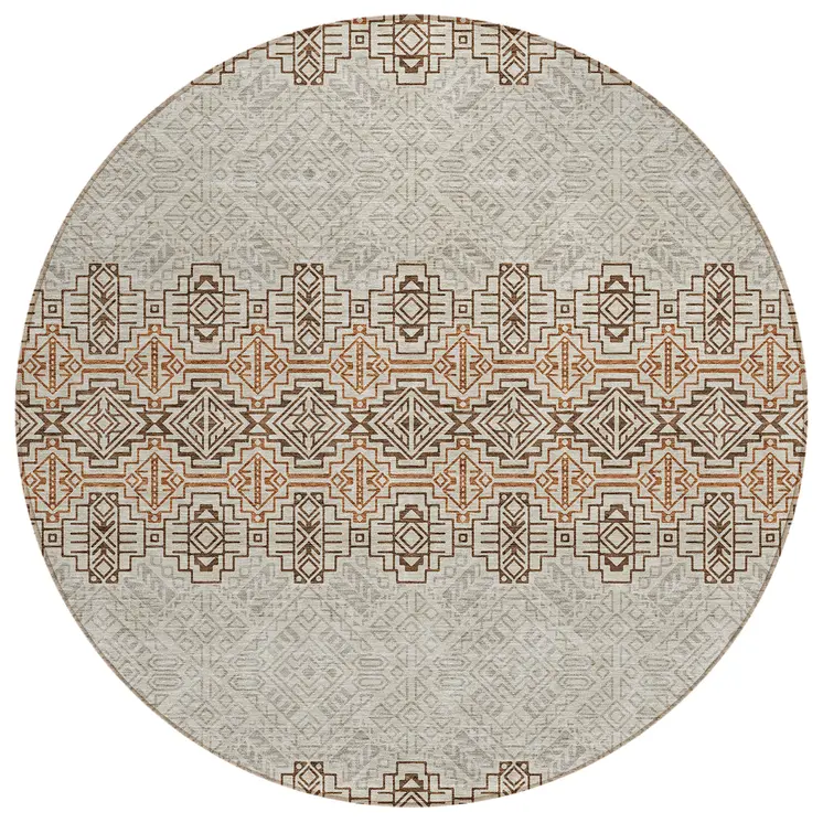 8' Brown And Beige Round Tribal Washable Indoor Outdoor Area Rug