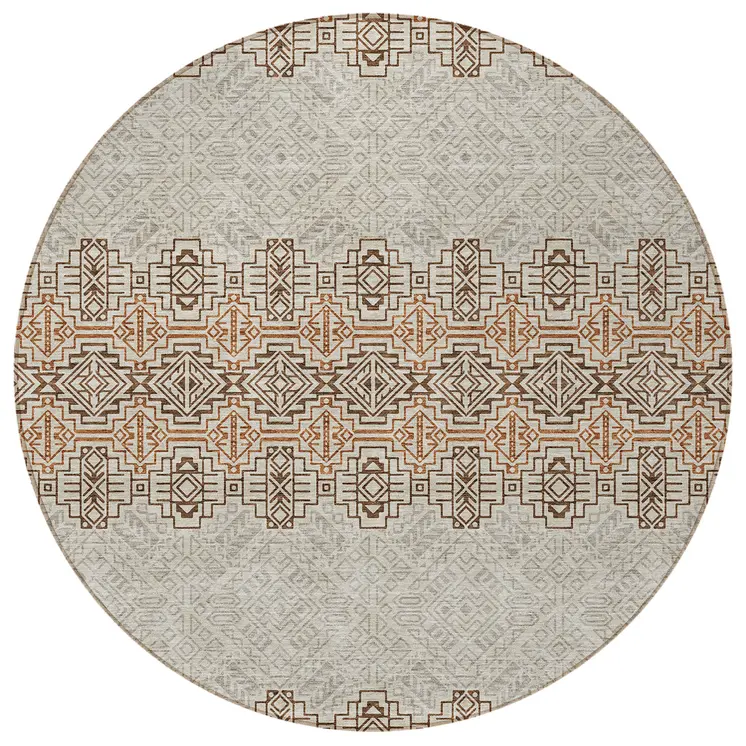 8' Brown And Beige Round Tribal Washable Indoor Outdoor Area Rug