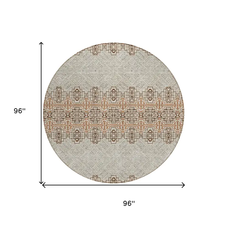 8' Brown And Beige Round Tribal Washable Indoor Outdoor Area Rug