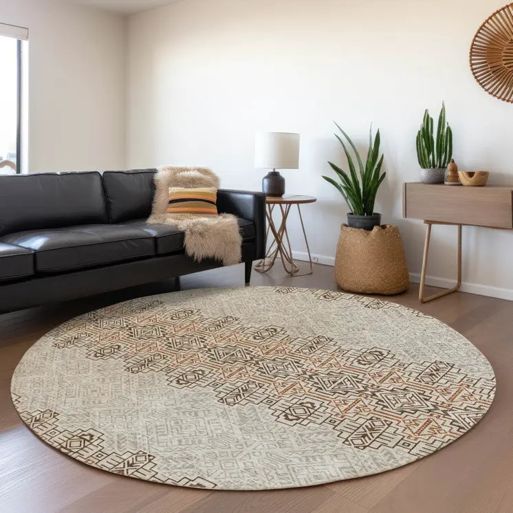 8' Brown And Beige Round Tribal Washable Indoor Outdoor Area Rug