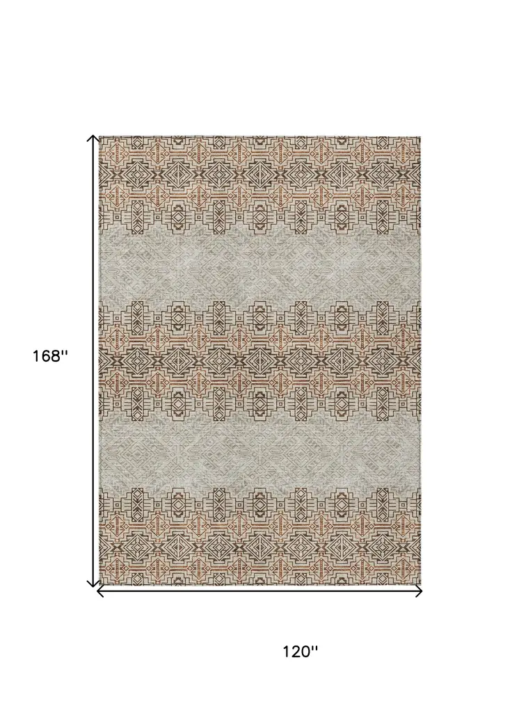 10' X 14' Brown And Beige Tribal Washable Indoor Outdoor Area Rug