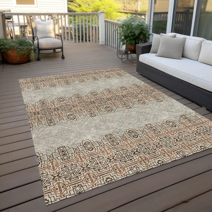 10' X 14' Brown And Beige Tribal Washable Indoor Outdoor Area Rug