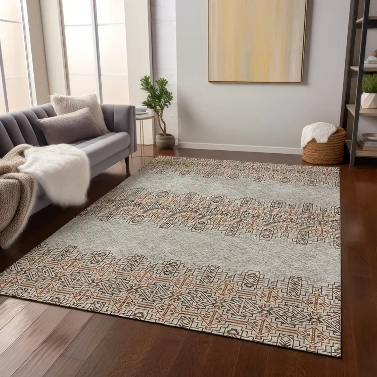 10' X 14' Brown And Beige Tribal Washable Indoor Outdoor Area Rug