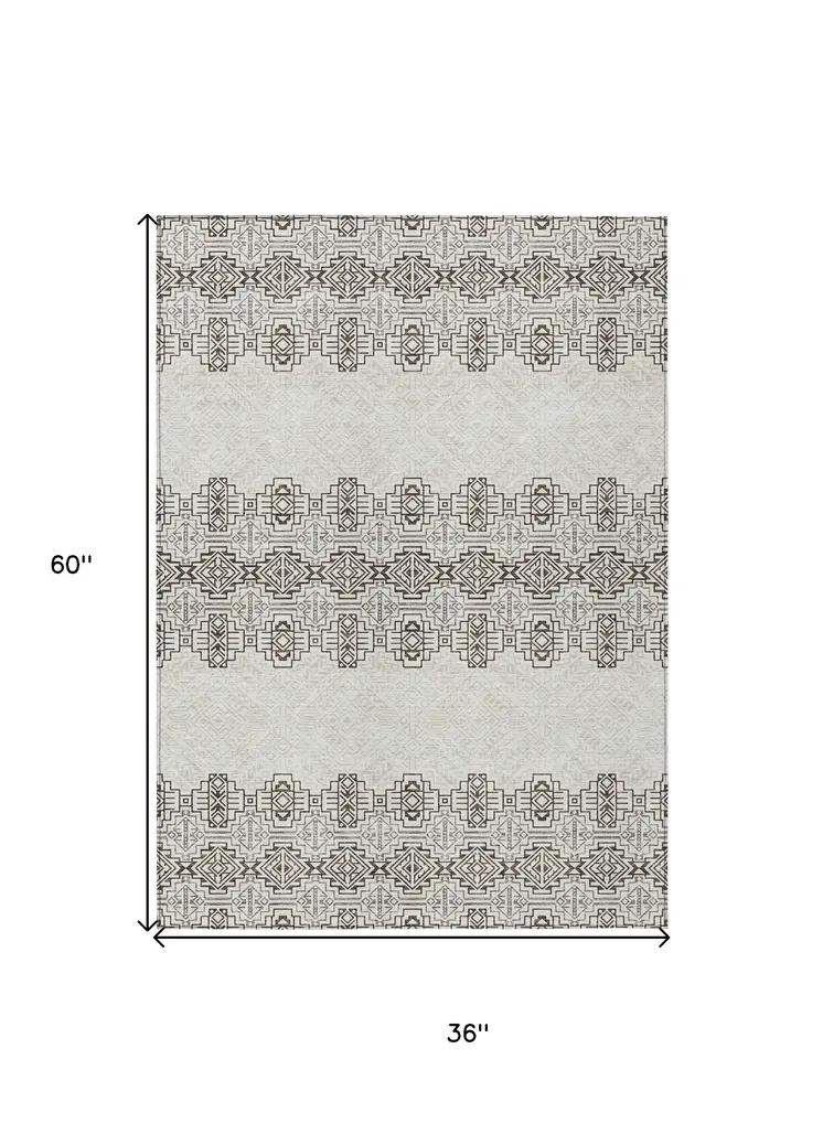 3' X 5' Chocolate And Ivory Tribal Washable Indoor Outdoor Area Rug