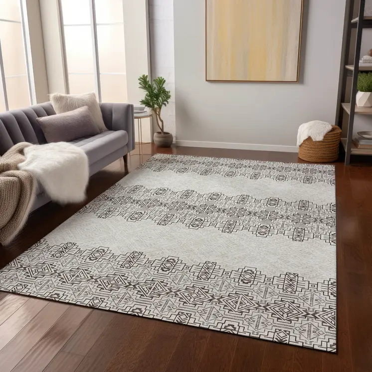 3' X 5' Chocolate And Ivory Tribal Washable Indoor Outdoor Area Rug