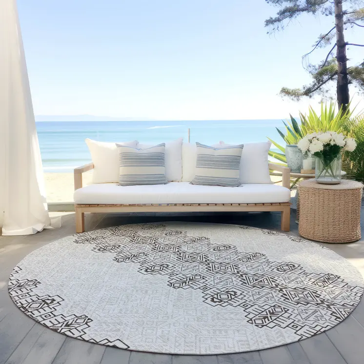 8' Chocolate And Ivory Round Tribal Washable Indoor Outdoor Area Rug