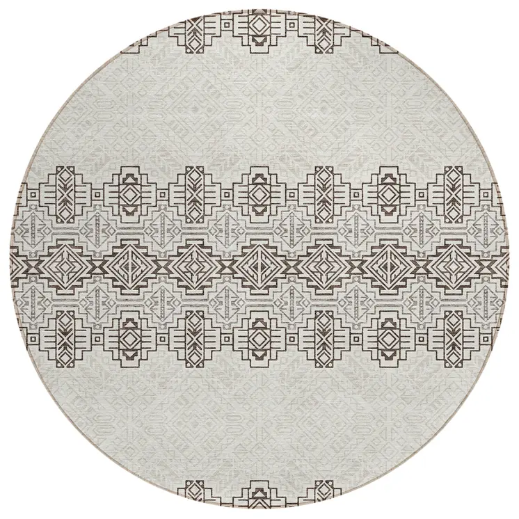 8' Chocolate And Ivory Round Tribal Washable Indoor Outdoor Area Rug