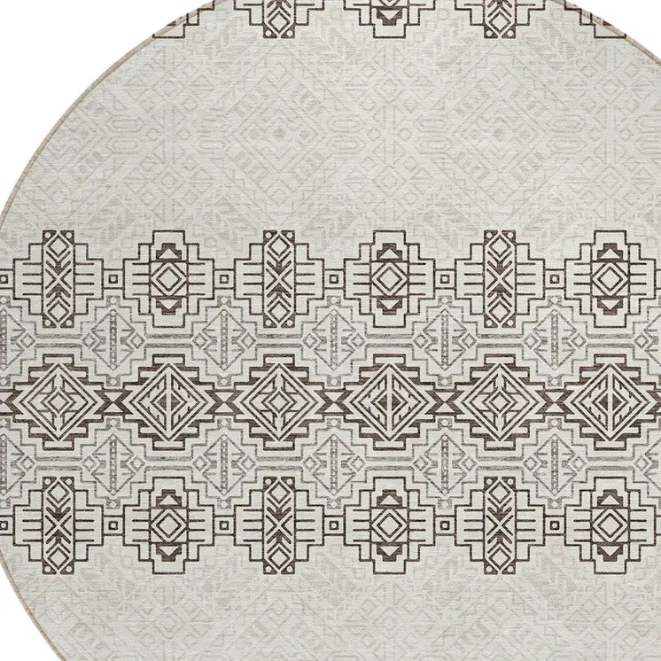 8' Chocolate And Ivory Round Tribal Washable Indoor Outdoor Area Rug