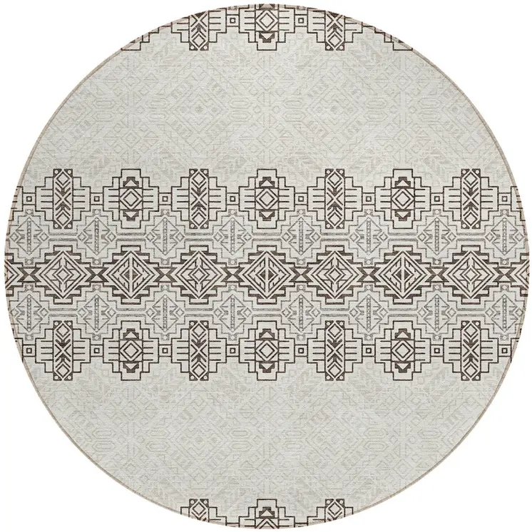 8' Chocolate And Ivory Round Tribal Washable Indoor Outdoor Area Rug