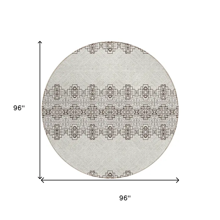 8' Chocolate And Ivory Round Tribal Washable Indoor Outdoor Area Rug