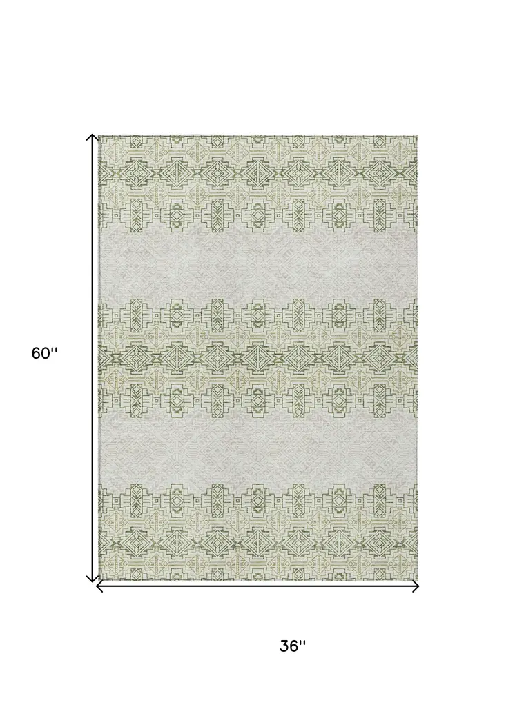 3' X 5' Green And Ivory Tribal Washable Indoor Outdoor Area Rug