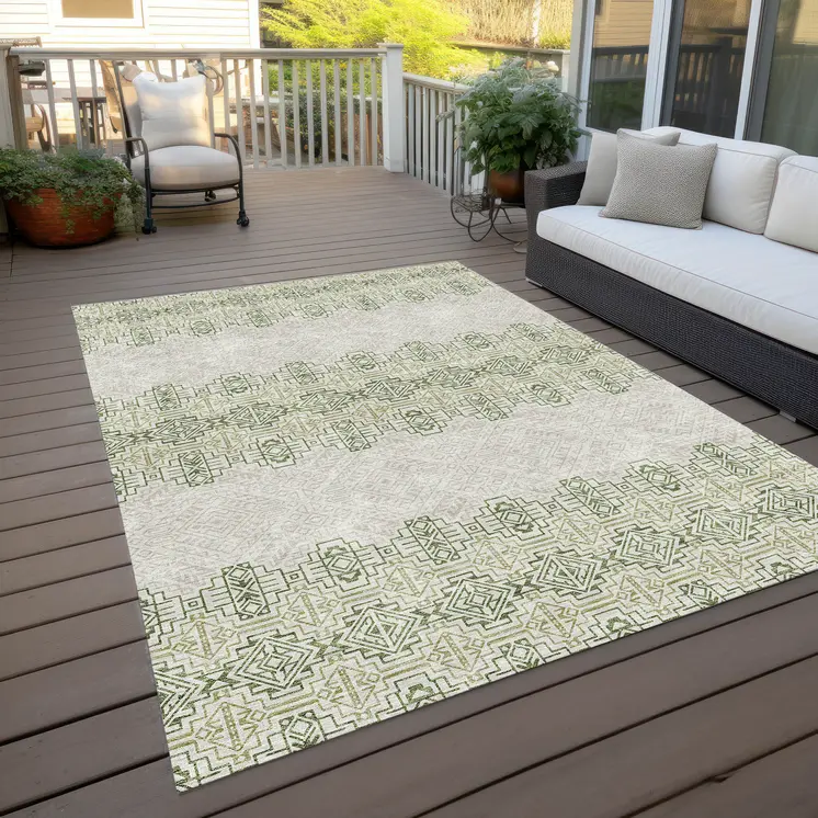 3' X 5' Green And Ivory Tribal Washable Indoor Outdoor Area Rug