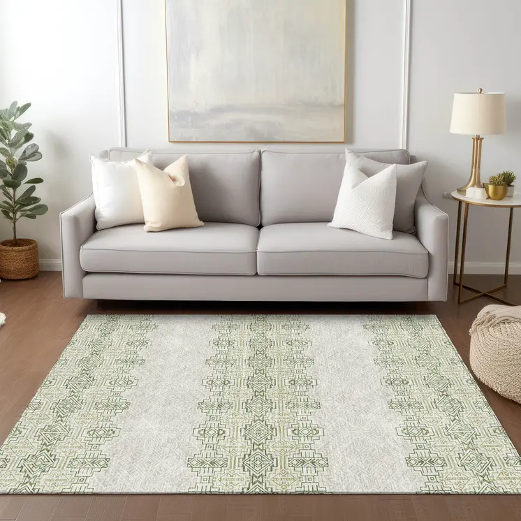 3' X 5' Green And Ivory Tribal Washable Indoor Outdoor Area Rug