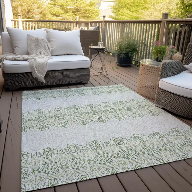3' X 5' Green And Ivory Tribal Washable Indoor Outdoor Area Rug