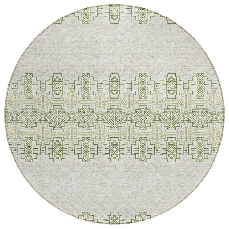 8' Green And Ivory Round Tribal Washable Indoor Outdoor Area Rug