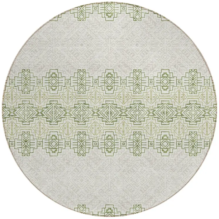 8' Green And Ivory Round Tribal Washable Indoor Outdoor Area Rug