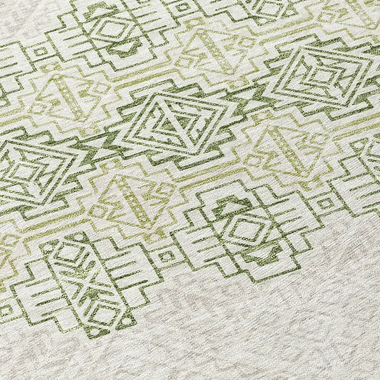8' Green And Ivory Round Tribal Washable Indoor Outdoor Area Rug