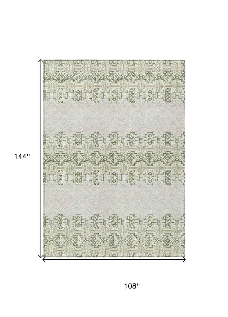 9' X 12' Green And Ivory Tribal Washable Indoor Outdoor Area Rug