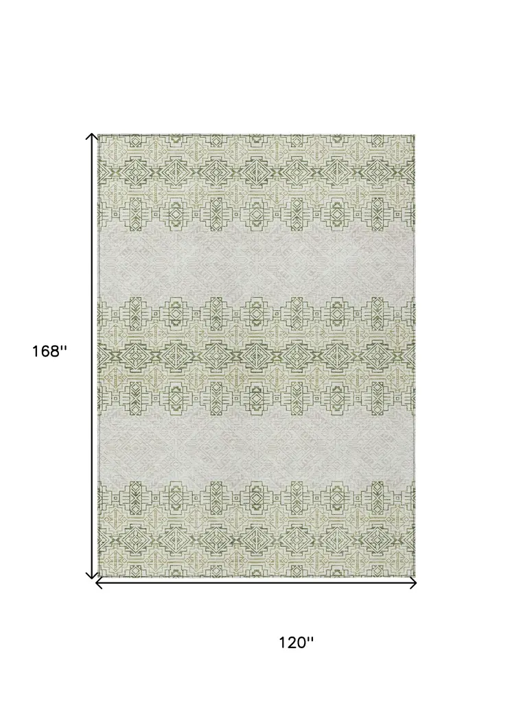 10' X 14' Green And Ivory Tribal Washable Indoor Outdoor Area Rug