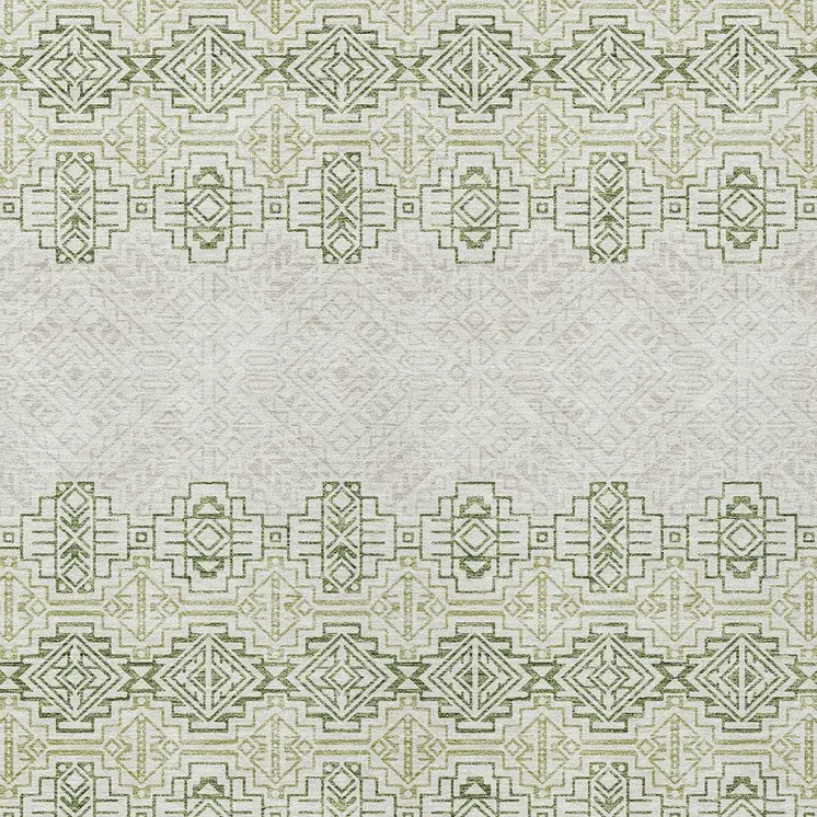 10' X 14' Green And Ivory Tribal Washable Indoor Outdoor Area Rug