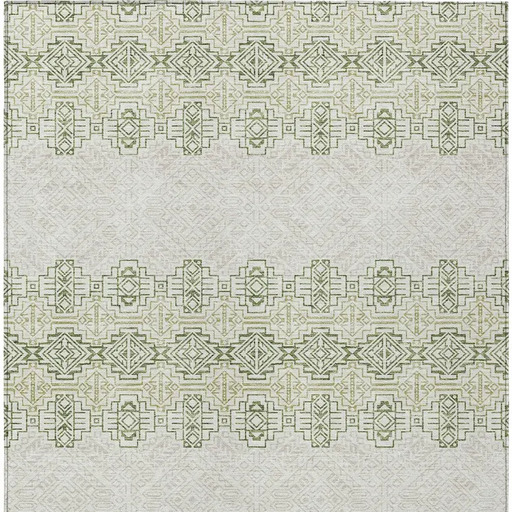 10' X 14' Green And Ivory Tribal Washable Indoor Outdoor Area Rug