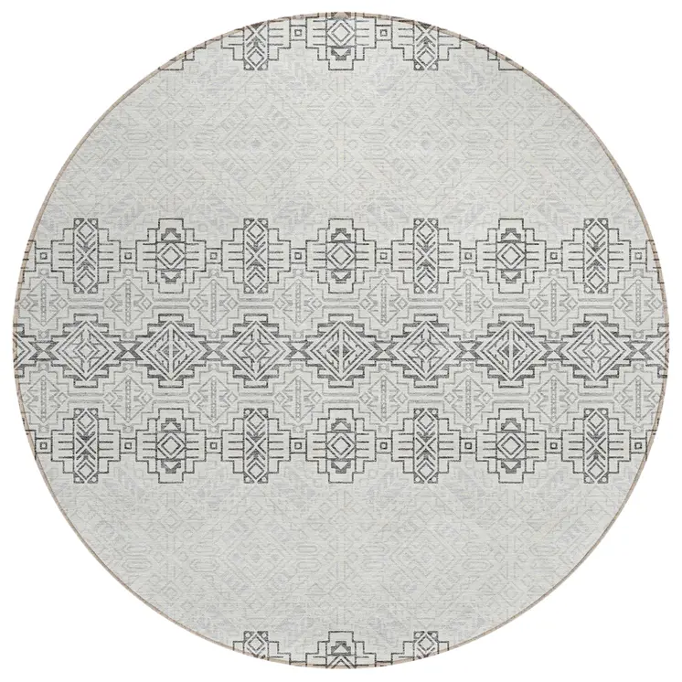 8' Gray And Ivory Round Tribal Washable Indoor Outdoor Area Rug