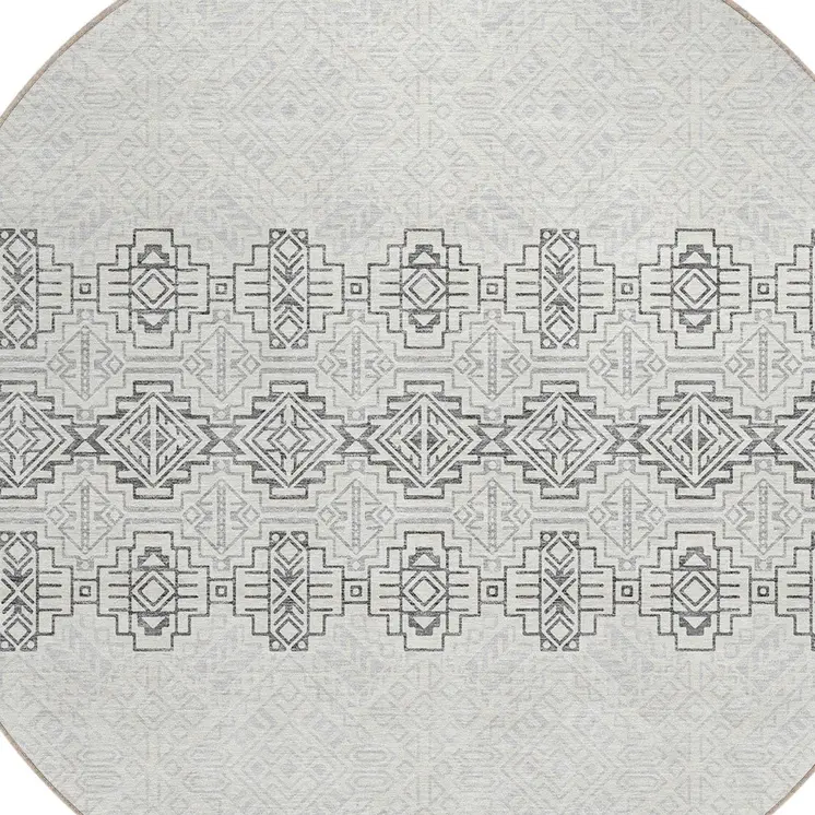 8' Gray And Ivory Round Tribal Washable Indoor Outdoor Area Rug