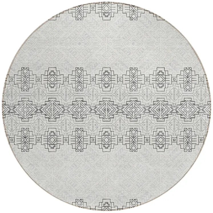 8' Gray And Ivory Round Tribal Washable Indoor Outdoor Area Rug