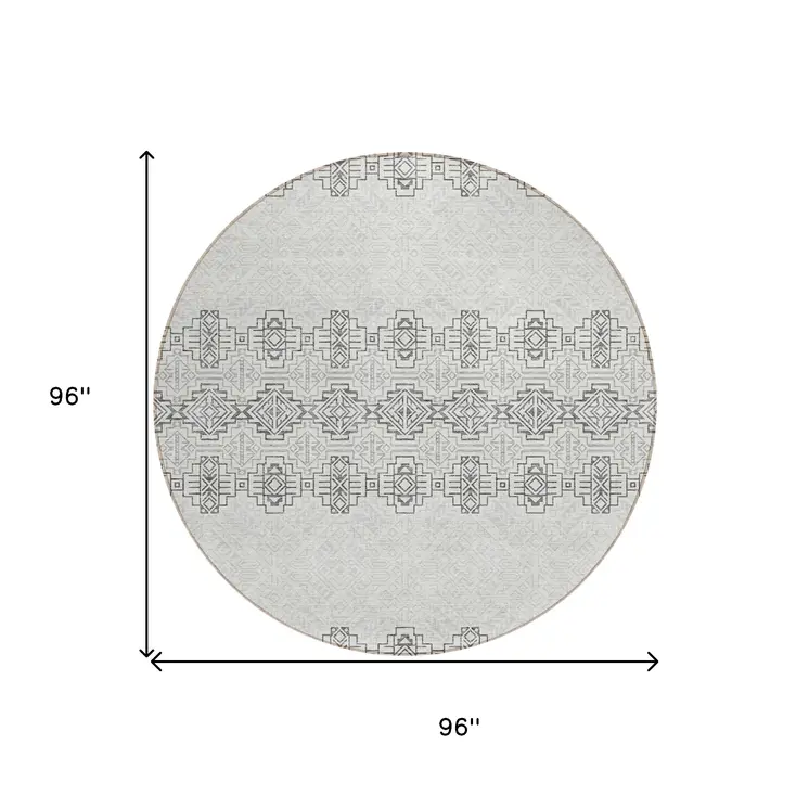 8' Gray And Ivory Round Tribal Washable Indoor Outdoor Area Rug