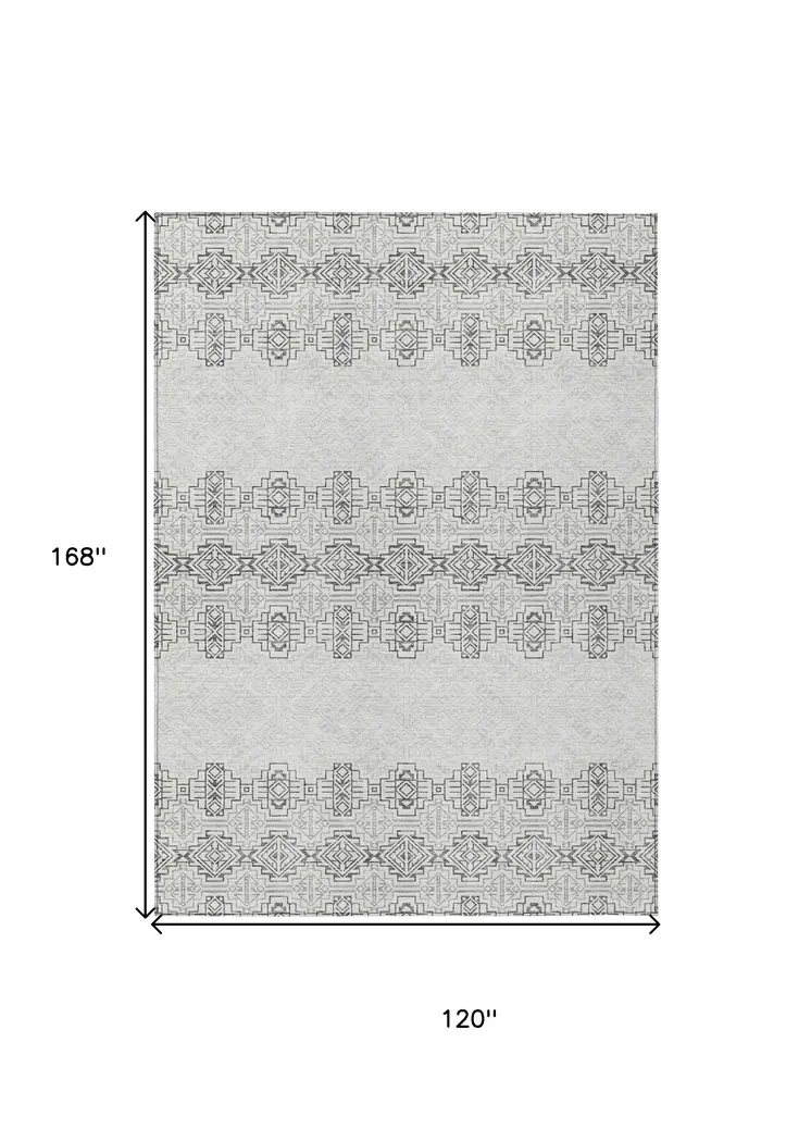 10' X 14' Gray And Ivory Tribal Washable Indoor Outdoor Area Rug