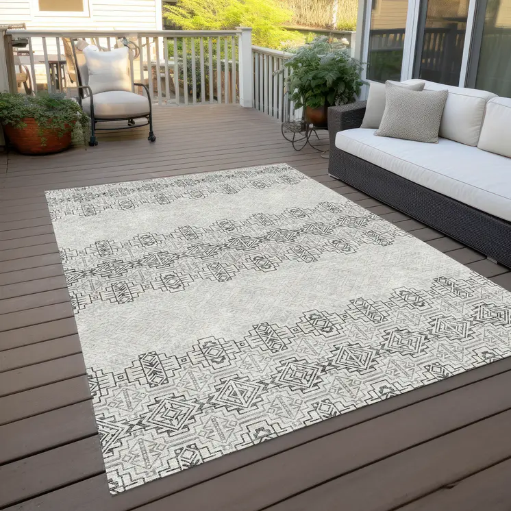 10' X 14' Gray And Ivory Tribal Washable Indoor Outdoor Area Rug