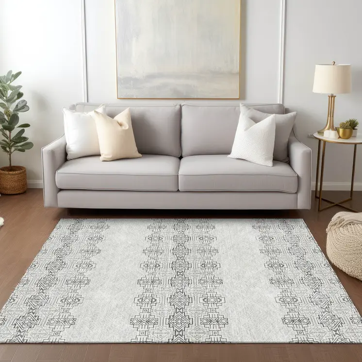 10' X 14' Gray And Ivory Tribal Washable Indoor Outdoor Area Rug