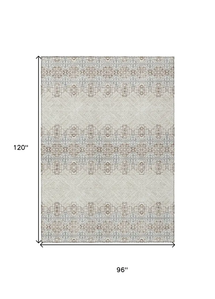 8' X 10' Ivory And Taupe Tribal Washable Indoor Outdoor Area Rug