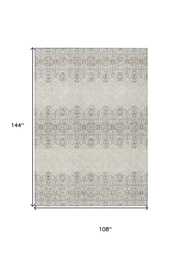 9' X 12' Ivory And Taupe Tribal Washable Indoor Outdoor Area Rug