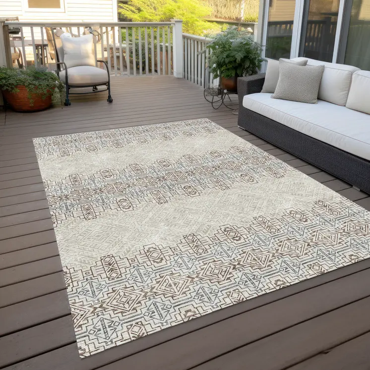 10' X 14' Ivory And Taupe Tribal Washable Indoor Outdoor Area Rug