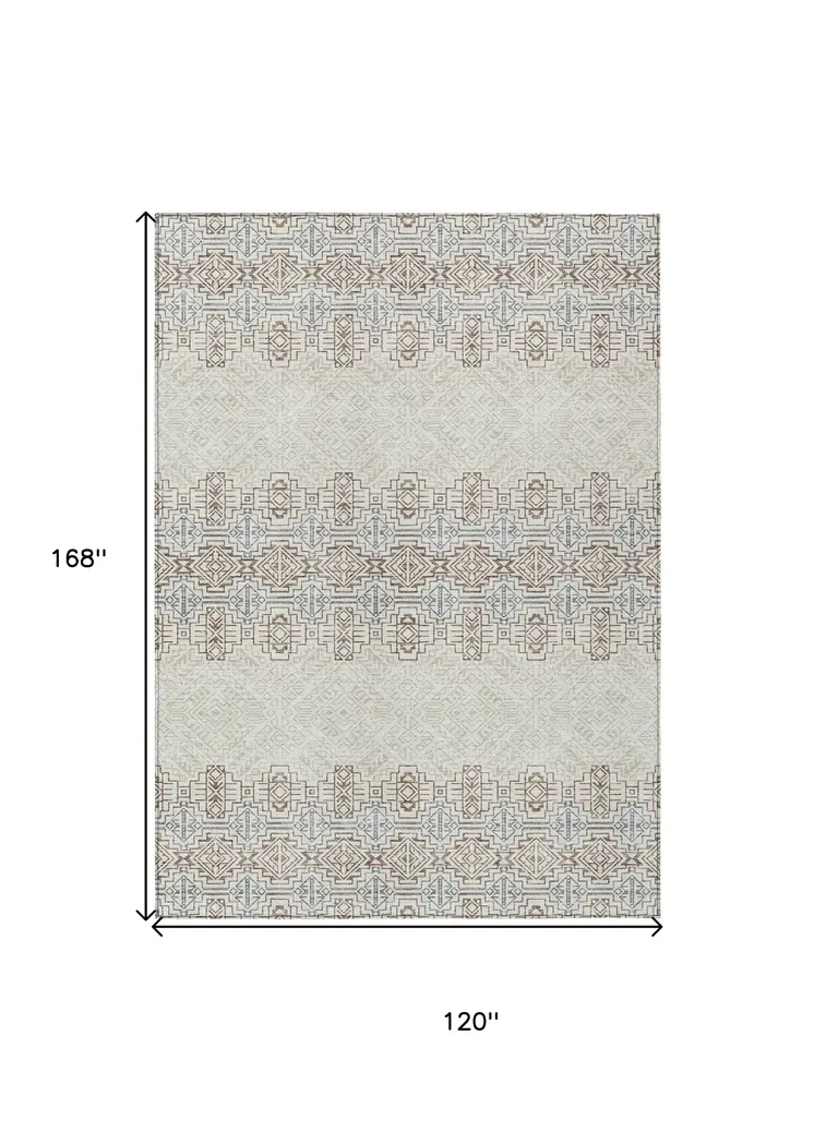 10' X 14' Ivory And Taupe Tribal Washable Indoor Outdoor Area Rug