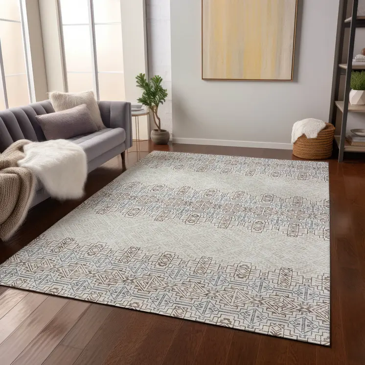 10' X 14' Ivory And Taupe Tribal Washable Indoor Outdoor Area Rug
