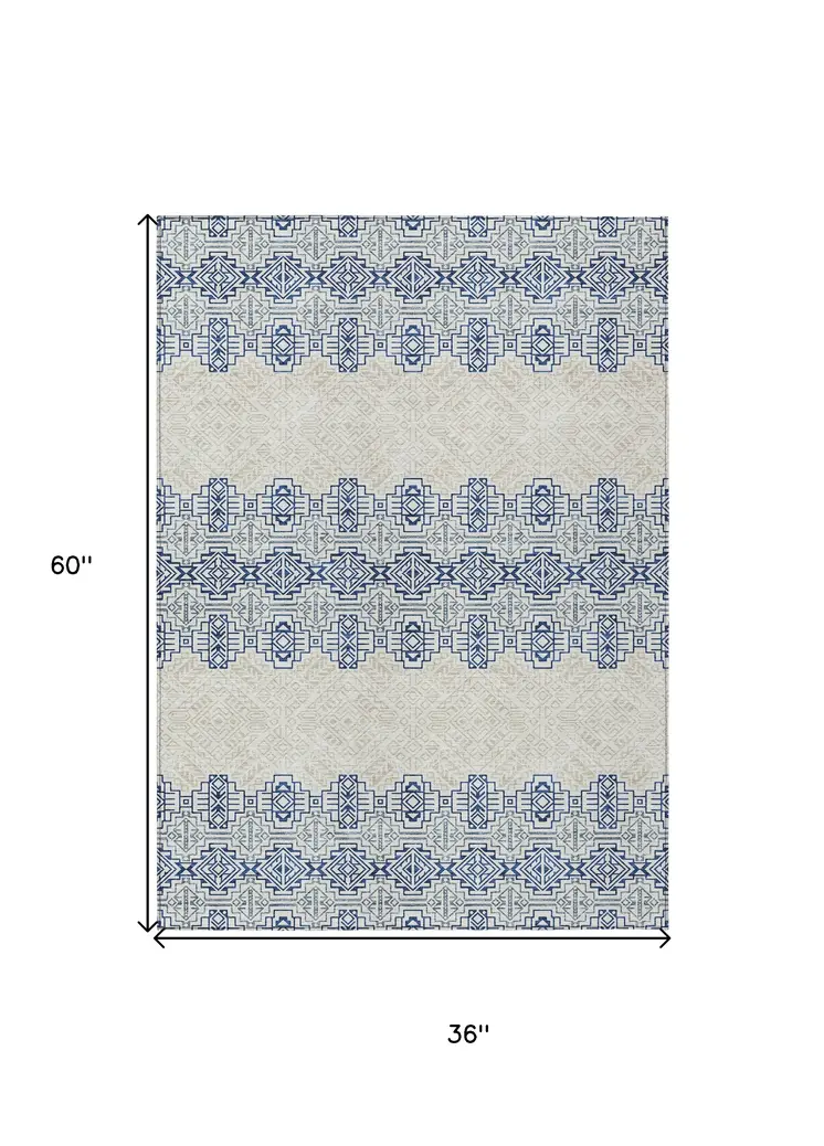 3' X 5' Navy Blue And Ivory Tribal Washable Indoor Outdoor Area Rug