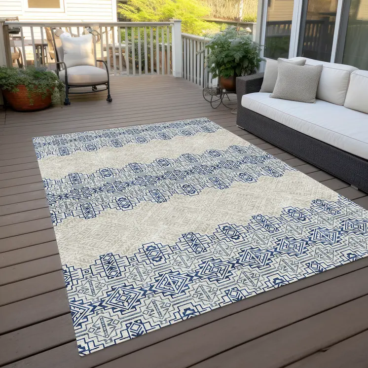 5' X 8' Navy Blue And Ivory Tribal Washable Indoor Outdoor Area Rug