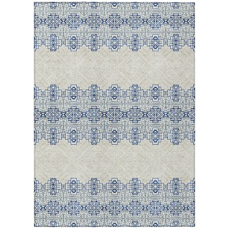 5' X 8' Navy Blue And Ivory Tribal Washable Indoor Outdoor Area Rug