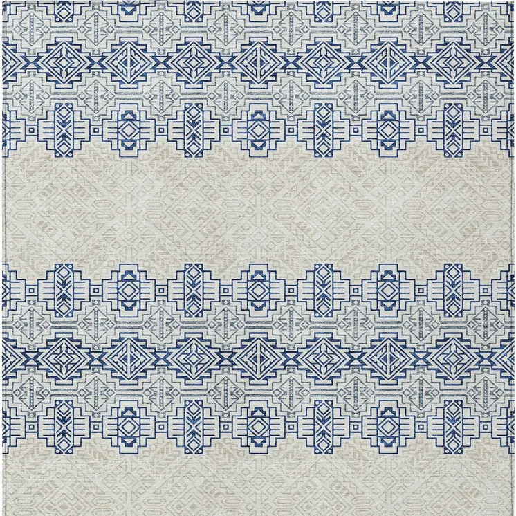 5' X 8' Navy Blue And Ivory Tribal Washable Indoor Outdoor Area Rug
