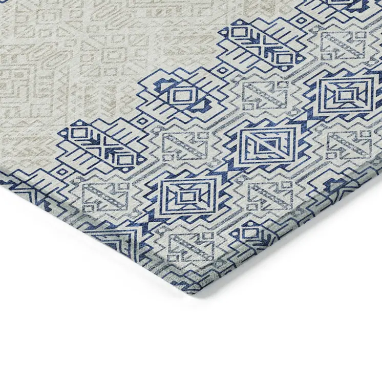 5' X 8' Navy Blue And Ivory Tribal Washable Indoor Outdoor Area Rug