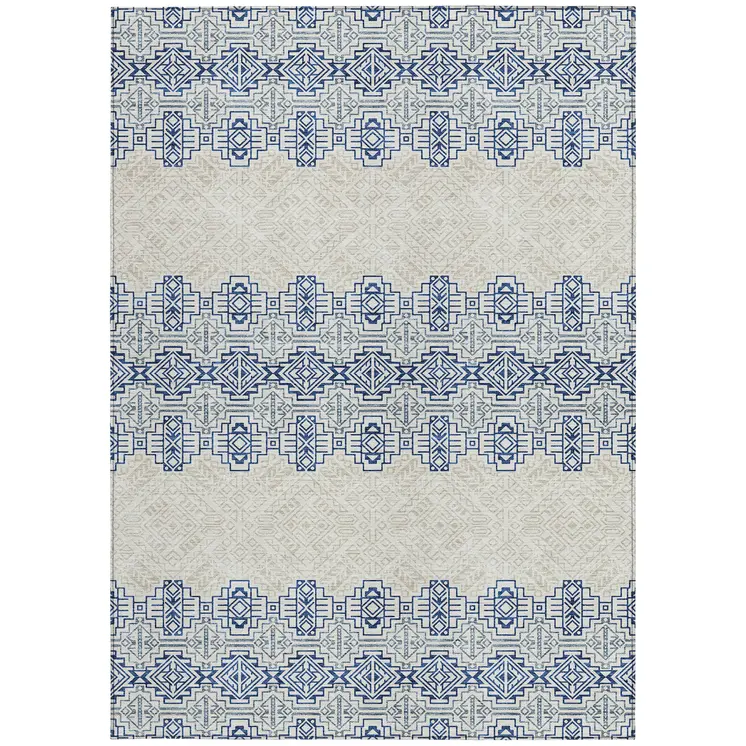 5' X 8' Navy Blue And Ivory Tribal Washable Indoor Outdoor Area Rug