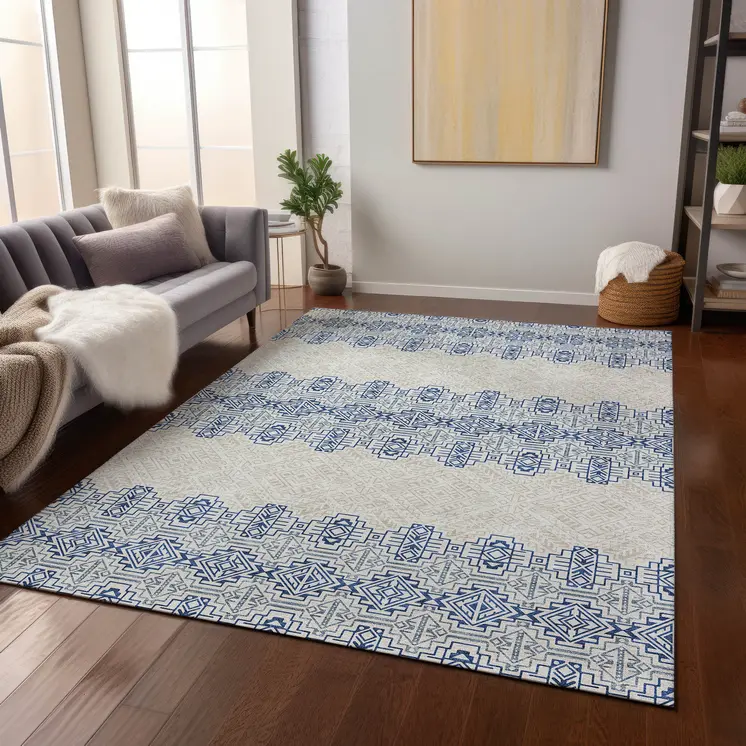5' X 8' Navy Blue And Ivory Tribal Washable Indoor Outdoor Area Rug