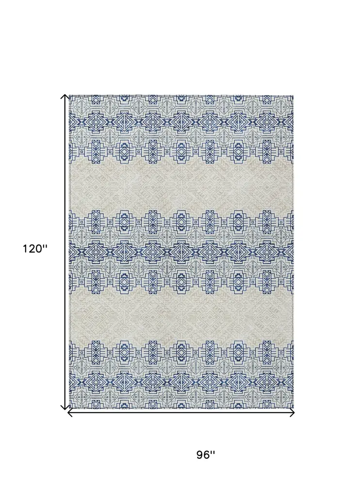8' X 10' Navy Blue And Ivory Tribal Washable Indoor Outdoor Area Rug