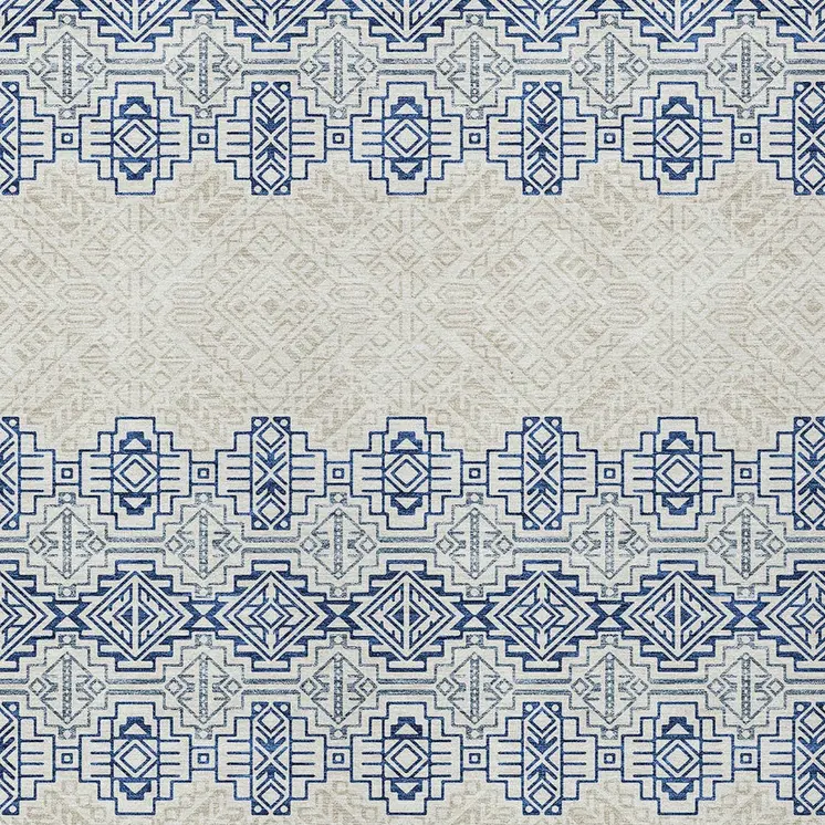 9' X 12' Navy Blue And Ivory Tribal Washable Indoor Outdoor Area Rug