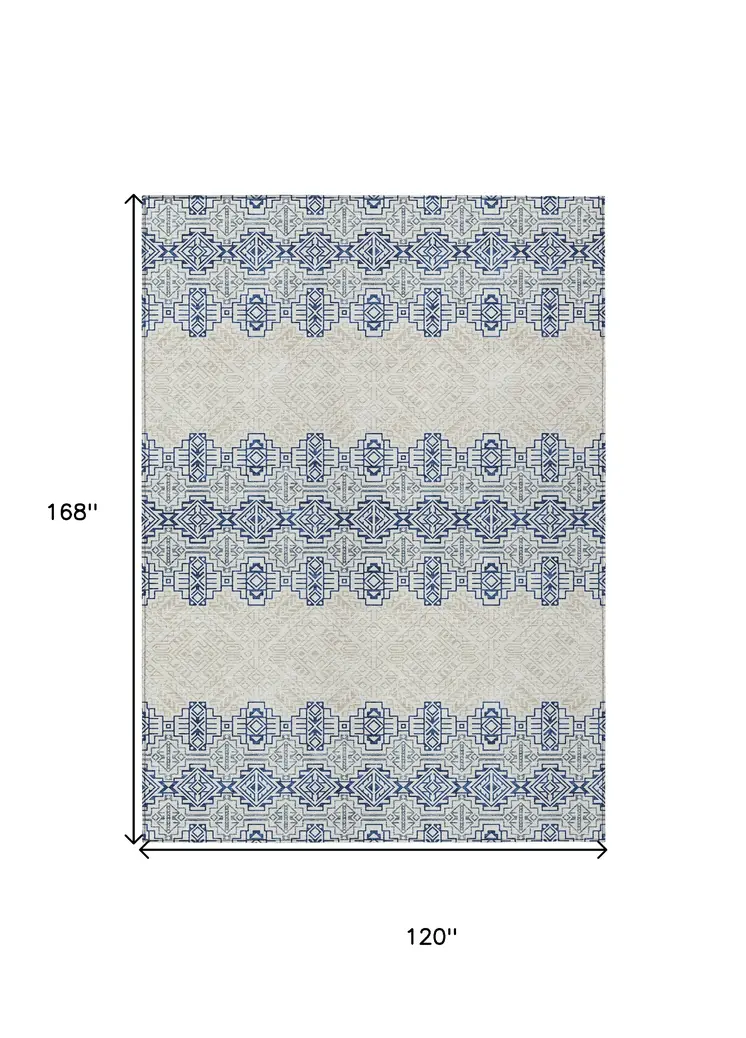 10' X 14' Navy Blue And Ivory Tribal Washable Indoor Outdoor Area Rug