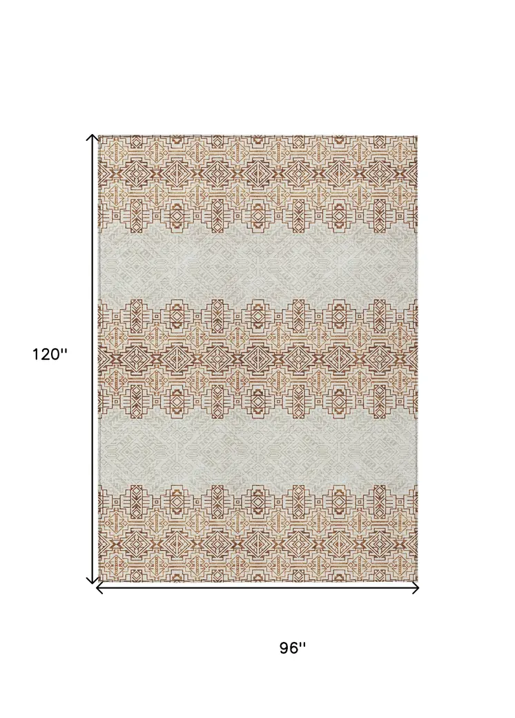 8' X 10' Orange And Ivory Tribal Washable Indoor Outdoor Area Rug