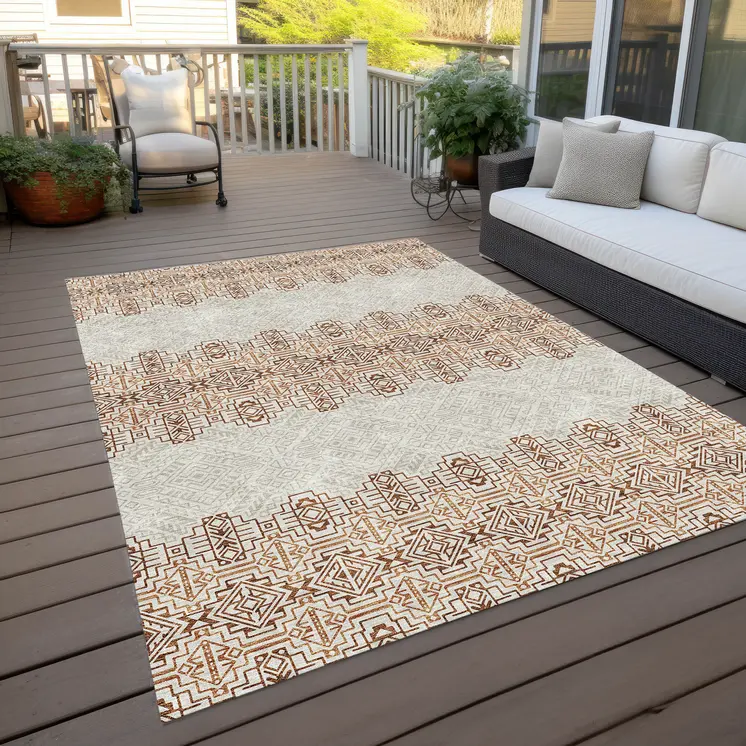 10' X 14' Orange And Ivory Tribal Washable Indoor Outdoor Area Rug